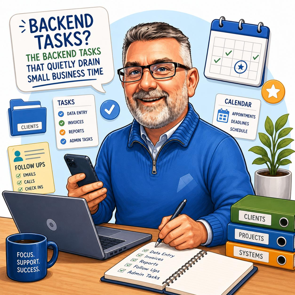 Illustration showing small business backend tasks taking time, with organised virtual assistant support bringing order to the week