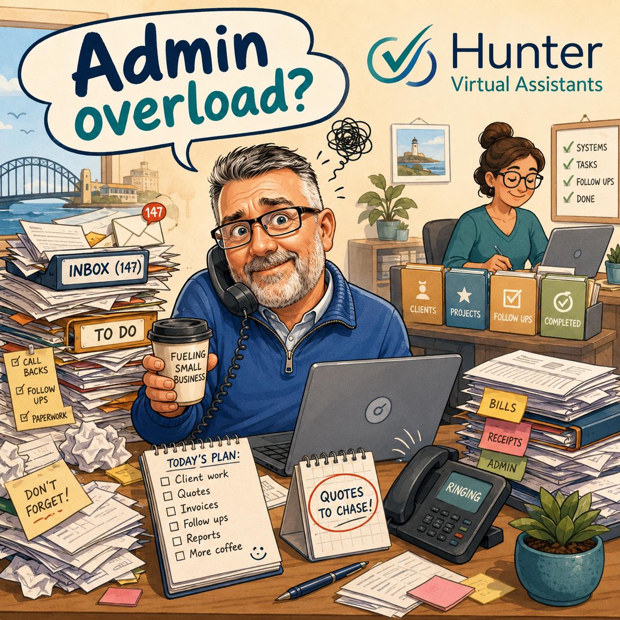 Illustration of a small business owner dealing with admin overload, with organised virtual assistant support nearby